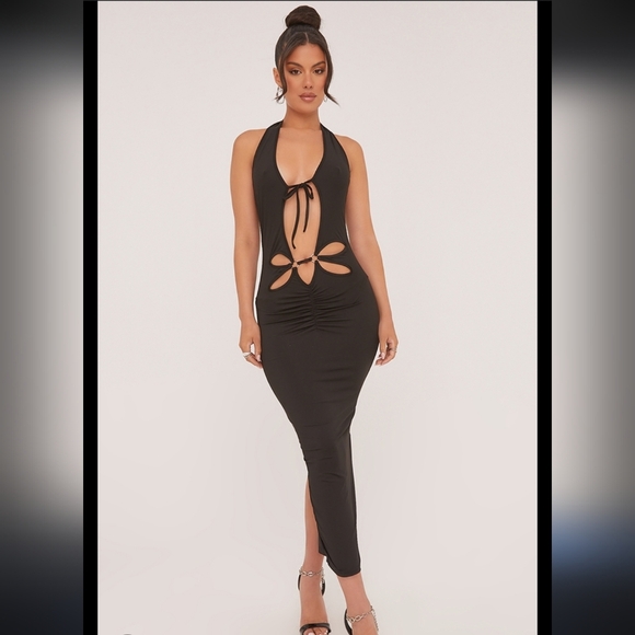 Fashion nova Black Halter Top Midi Dress With Front Cut Out Design Sz M - Picture 1 of 8